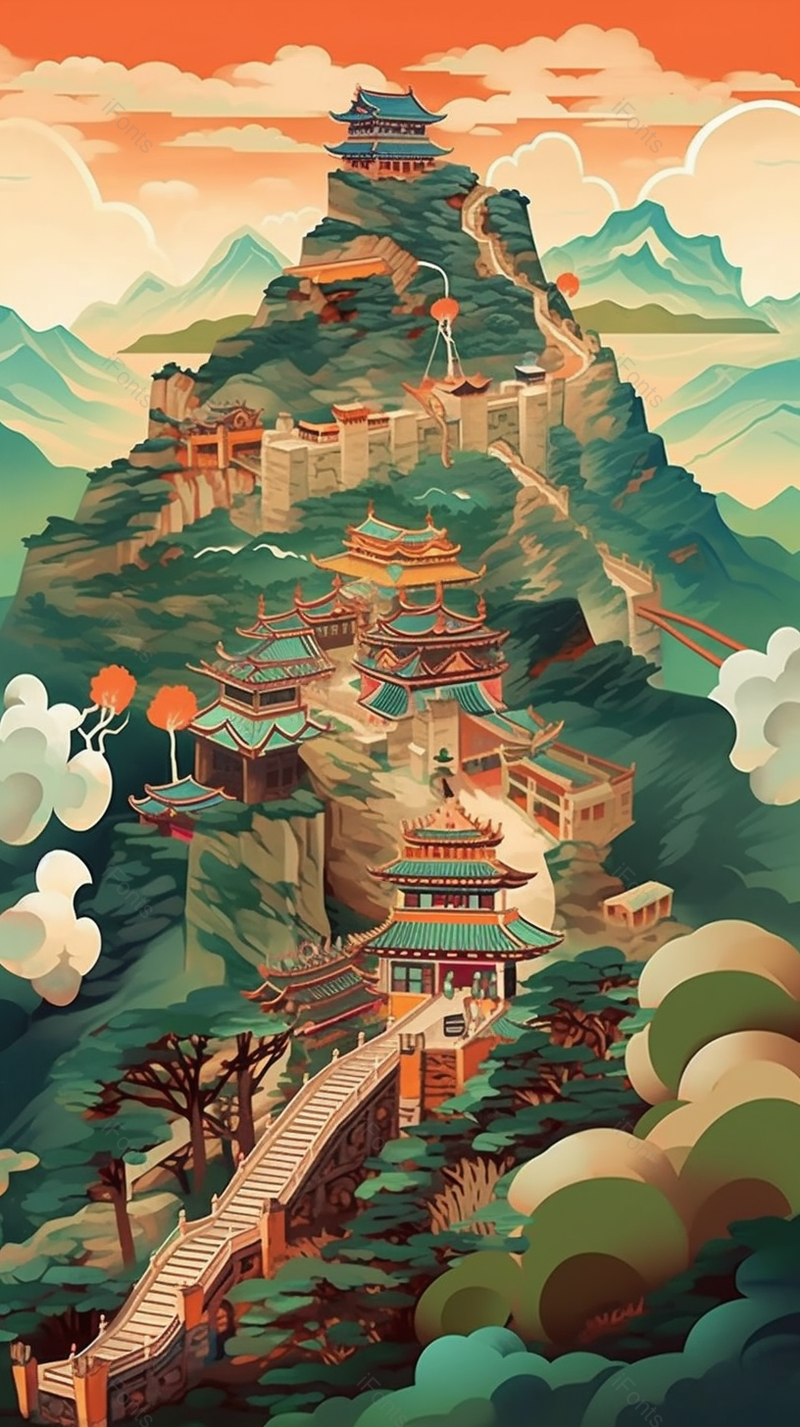 矗立在秀美山林上的建筑亭台楼阁国潮背景,插画/手绘图,插画/手绘图库,插画/手绘图下载,插画/手绘